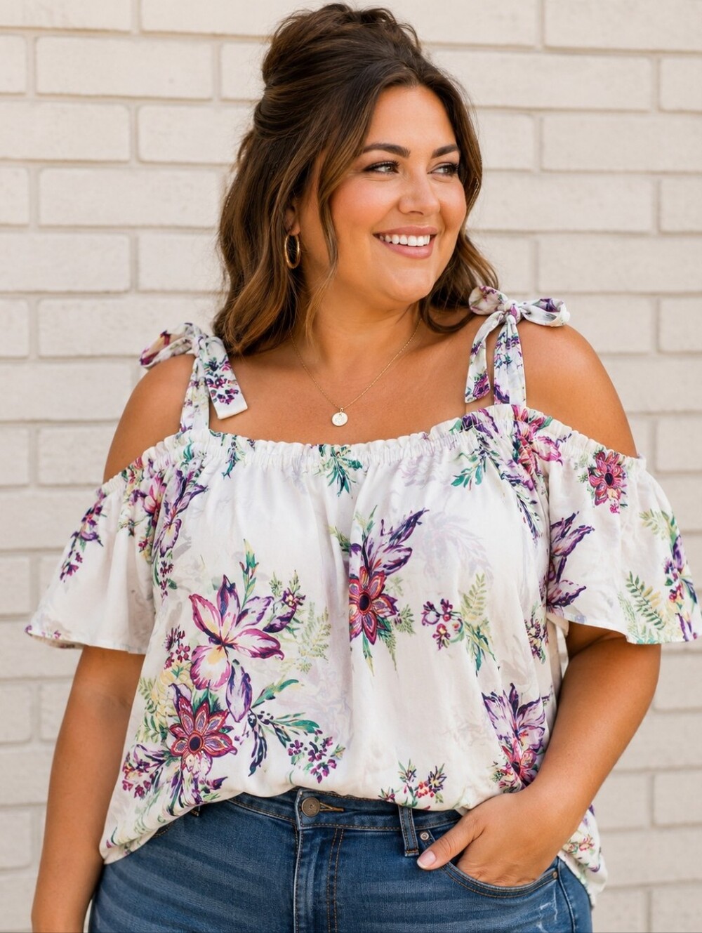 Michel Studio Plus Size 20: White Floral Cold-Shoulder Tie-Shoulder Blouse